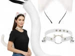 Costum pisică, vulpe sau lup 3‑în‑1 RUHHY – set alb cu coadă, urechi și choker