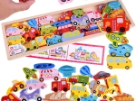 Set mare din lemn cu vehicule alfabetice – 27 piese, puzzle și sortare