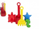 Set de plastic pentru nisip cu lopățică, greblă și forme în plasă