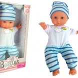 Păpușă bebeluș în pijama dungi alb-albastru, 30 cm