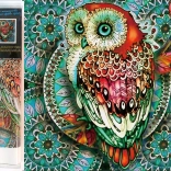 Pictură cu diamante 7D – bufniță pe mandală albastră 30 × 30 cm