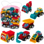 Set de mini vehicule de construcții cu mecanism pull-back în săculeț – 6 buc