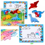 Puzzle educativ din lemn cu dinozauri și tablă de desen