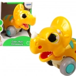 Dinozaur galben pe roți triceratops – jucărie din plastic pentru copii