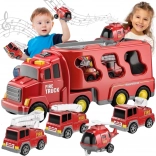 Set de pompieri WOOPIE – camion transportor și 4 vehicule cu lumini și sunete