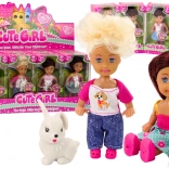 Mini păpușă cu păr lung și animăluț în ținută colorată