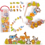 Mărgele din lemn pentru înșirat cu animale de la zoo, Classic World, 13 piese