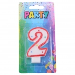 Lumânare de petrecere cifra 2 pentru tort – albă, cu margine roșie și buline