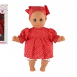 Păpușă bebeluș 30 cm în rochiță roșie cu buline și batic