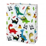 Pungă cadou din hârtie cu dinozauri, carouri alb-albastru, 32 × 26 × 10 cm