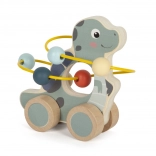 Dinozaur de lemn cu labirint cu mărgele pe roți