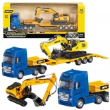 Cap tractor metalic cu semiremorcă joasă și excavator HUINA 1:50 galben