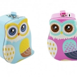 Pușculiță din tablă în formă de bufniță, cu lacăt, 16 cm, 2 culori