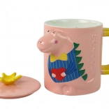 Cană ceramică cu capac și linguriță, motiv dinozaur, roz, 400 ml