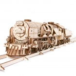 Puzzle mecanic din lemn UGEARS V-Express locomotivă cu abur cu tender