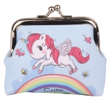 Portofel copii Unicorn pe curcubeu albastru încuietoare metalică 10x9 cm