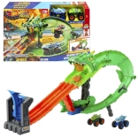 hot wheels monster trucks cursa dragonului – set de pistă cu dublă lansare și 2 mașini