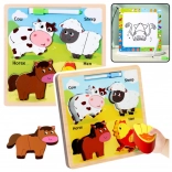 Puzzle educațional din lemn Animale domestice cu tablă de desen