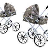 Cărucior pentru păpuși cu capotină pliabilă, roți mari din spumă, gri cu steluțe