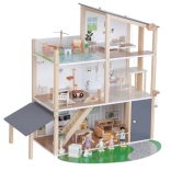 căsuță din lemn pentru păpuși cu lift și terasă pe acoperiș