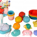 Set de baie cu animale marine, minicărucior cu plasă și bărcuțe, 17 piese