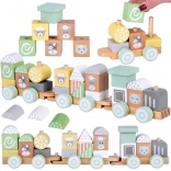 Trenuleț de lemn cu vagoane și construcție