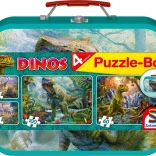 Puzzle pentru copii Dinozauri 4 în 1 în valiză de tablă