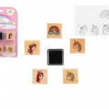 Ștampile din lemn cu tușieră – unicorni și curcubeu (5+1), 3 × 3 cm