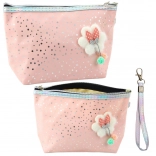 Etui cosmetic praf de fem de culoare roz cu fundiță și strălucire