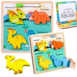 Puzzle educativ din lemn cu dinozauri și tablă de desen