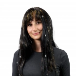 Perucă cu păr negru decorată cu dungi aurii și stele