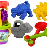 Set de nisip cu dinozauri cu moară – lopățică, greblă, stropitoare și forme