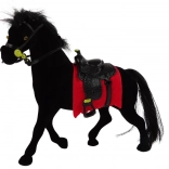 figurină catifelată de cal negru cu șa și șabrac roșu