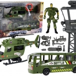 Set militar cu elicopter, vehicul de luptă, turn de control și figurină soldat