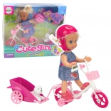 Set mini păpușă cu bicicletă, remorcă și cățeluș alb