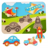 Puzzle din lemn cu piese de inserat Mijloace de transport, 6 piese LUCY & LEO