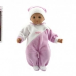 Păpușă bebeluș 50 cm cu corp textil, salopetă roz-alb