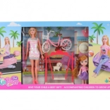 set mare de păpuși cu mașină, scuter, bicicletă și accesorii