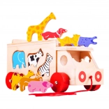 Bigjigs Toys camion din lemn de tras cu animale și sortator de forme