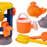 Set mare pentru nisip cu moară, lopățică, greble, stropitoare și forme