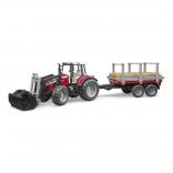 BRUDER tractor MASSEY FERGUSON 7480 cu încărcător frontal și remorcă pentru bușteni