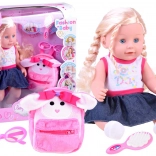 păpușă drăgălașă cu împletituri și rucsăcel roz și ochelari