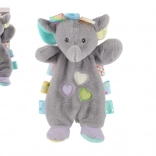 pătură de alint din pluș, elefănțel 25 cm cu etichete colorate