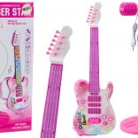Chitară electrică pentru copii roz cu stativ și microfon pe baterii