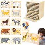 Set de puzzle-uri din lemn cu 12 animale Montessori cu suport Viga