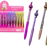 Pix cu bilă cu iepuraș și cristale, cerneală albastră 0,7 mm, mix de culori