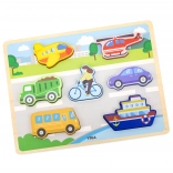 Puzzle din lemn VIGA Montessori 2în1 Mijloace de transport