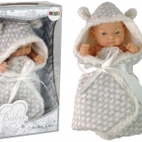 păpușă bebeluș dulce în scutec gri cu fundiță