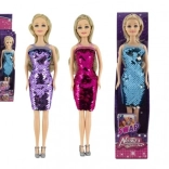 Păpușă cu rochie din paiete reversibile 30 cm, corp rigid