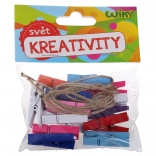 Clemă de rufe din lemn colorată 3,5 cm cu șnur, 15 buc.